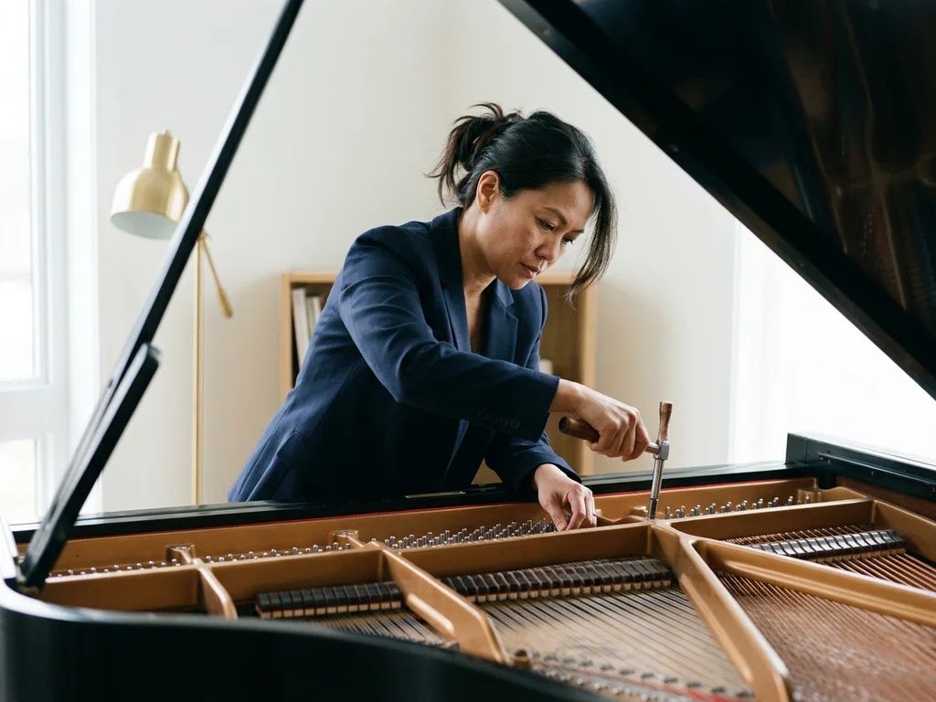 Accordeur professionnel ajustant la sonorité d'un piano à queue pour son acclimatation post-déménagement.