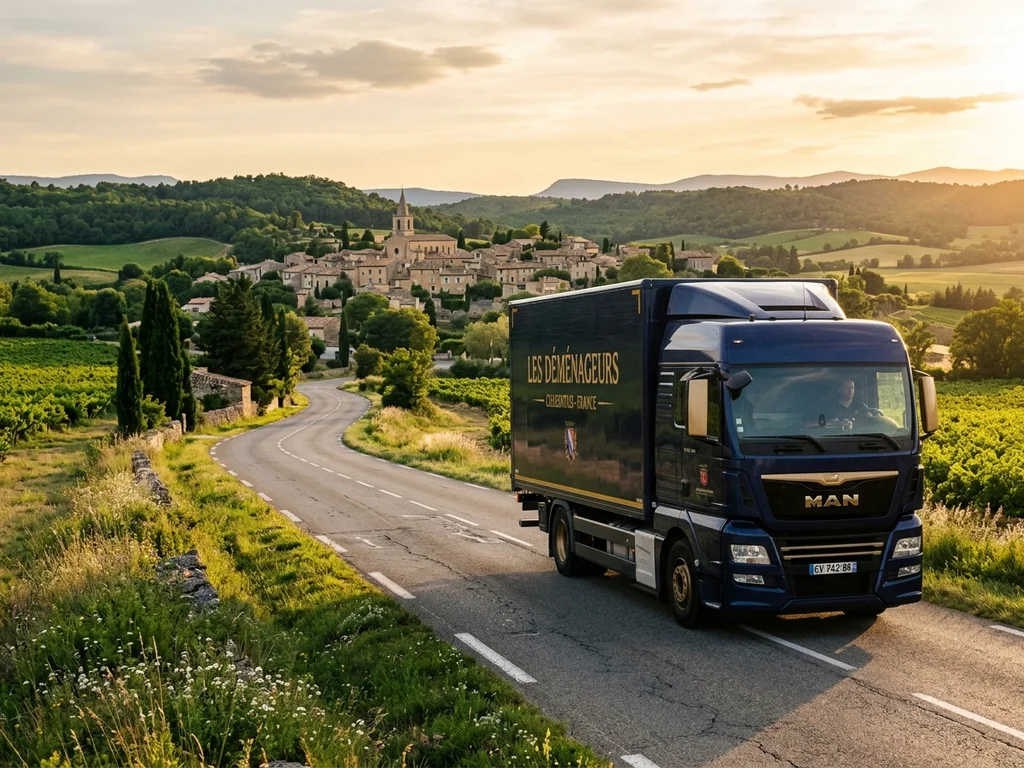 Camion bleu marine traversant la campagne française pour transporter des pianos sur tout le territoire.
