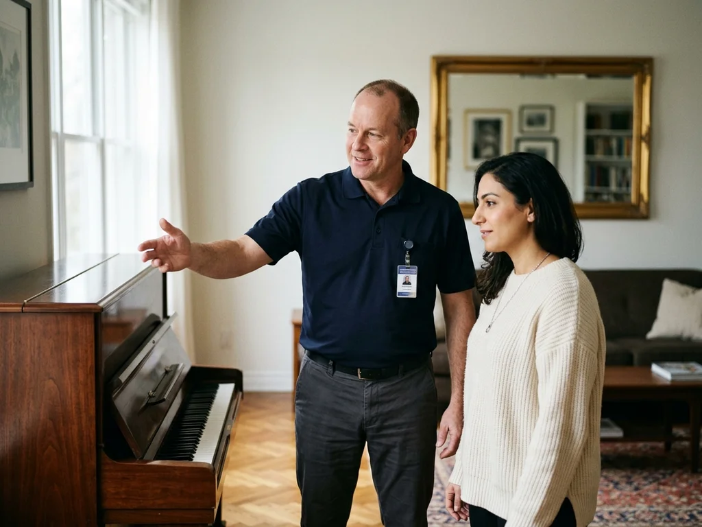 Un technicien spécialisé explique à une cliente l'emplacement idéal pour son piano droit.