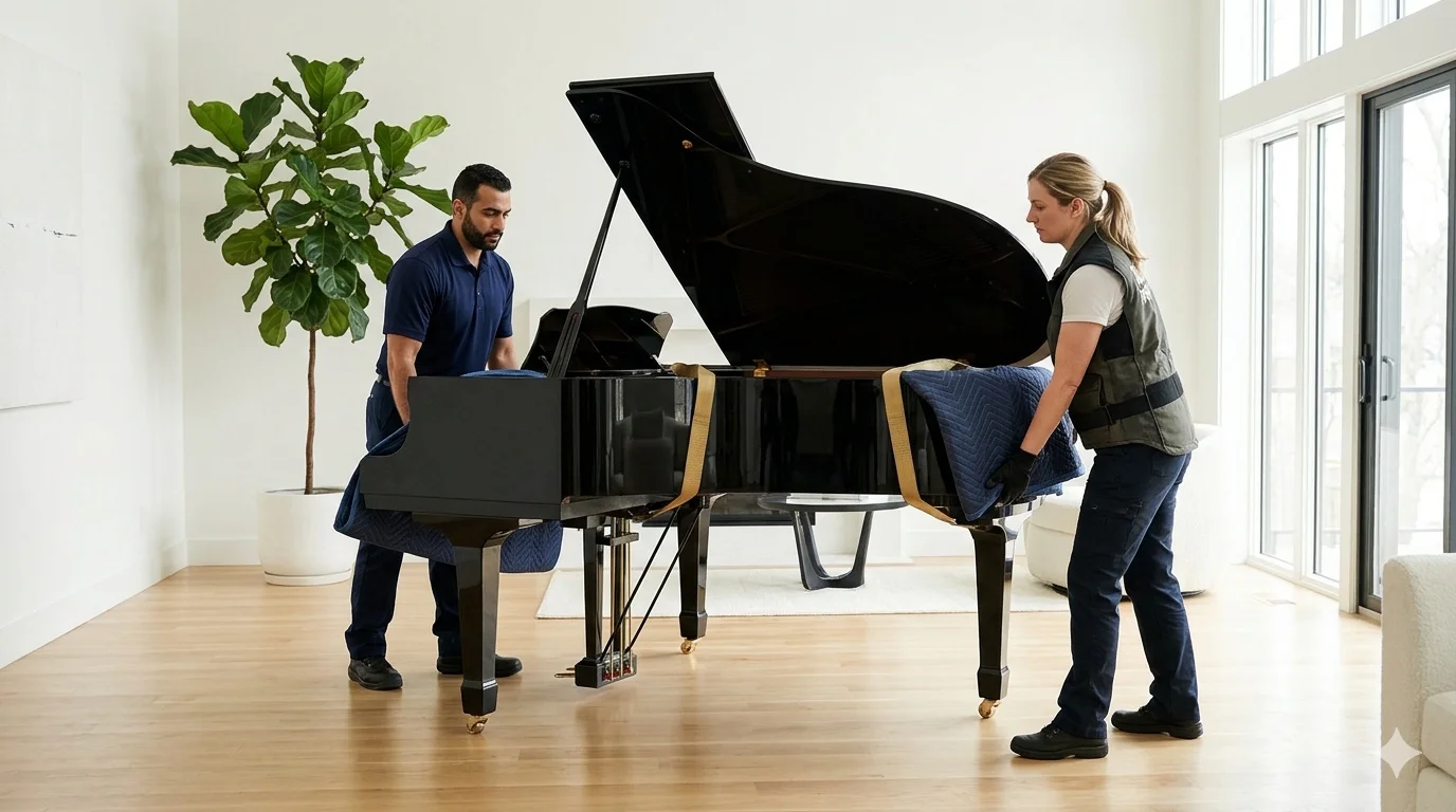 Équipe Octave déménageant un piano à queue avec protection sur mesure.