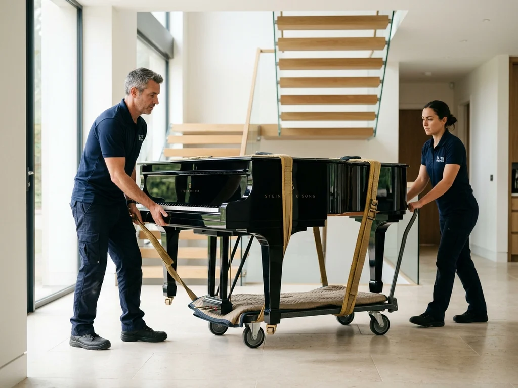 Déménageurs experts utilisant des sangles de protection dorées pour sécuriser un piano à queue précieux.