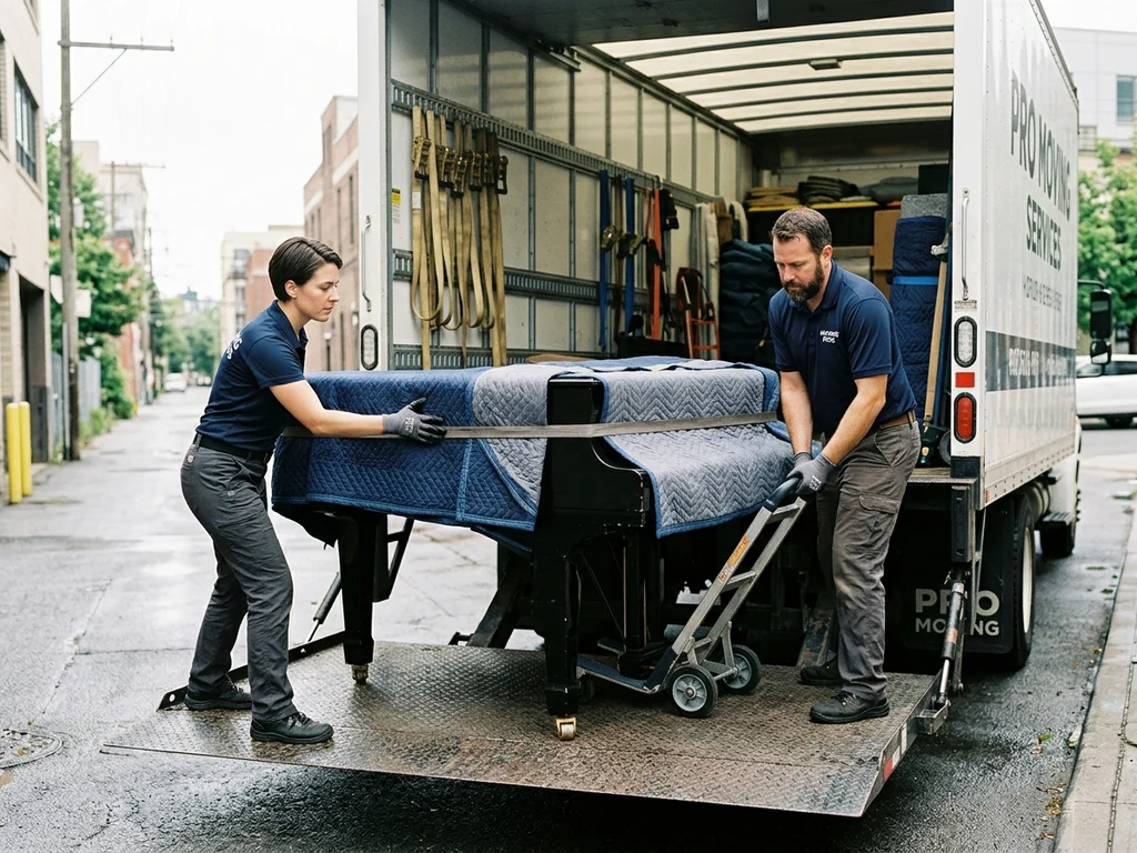 Équipe chargeant un piano à queue protégé pour son transfert vers un garde-meuble sécurisé.