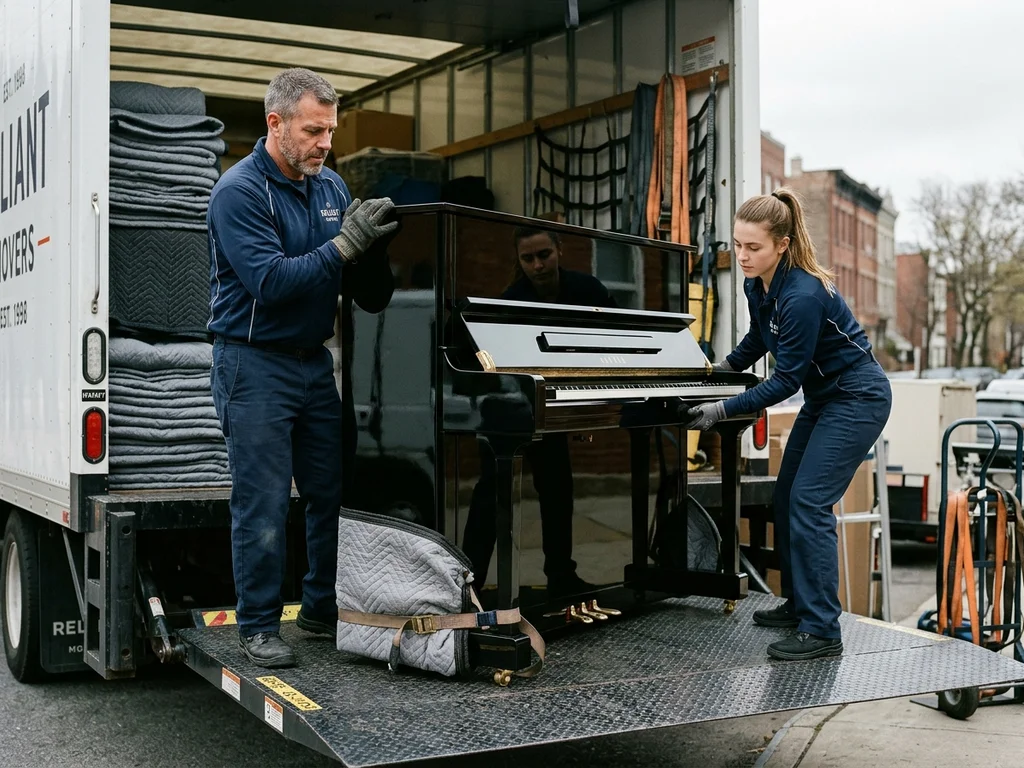 Équipe spécialisée sécurisant un piano droit pour un entreposage sécurisé à long terme.