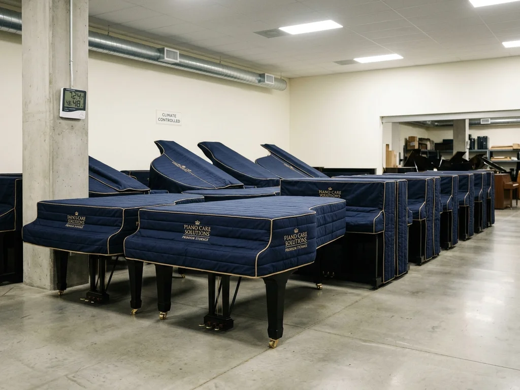Pianos sous housses de protection dans un entrepôt climatisé garantissant une hygrométrie stable.