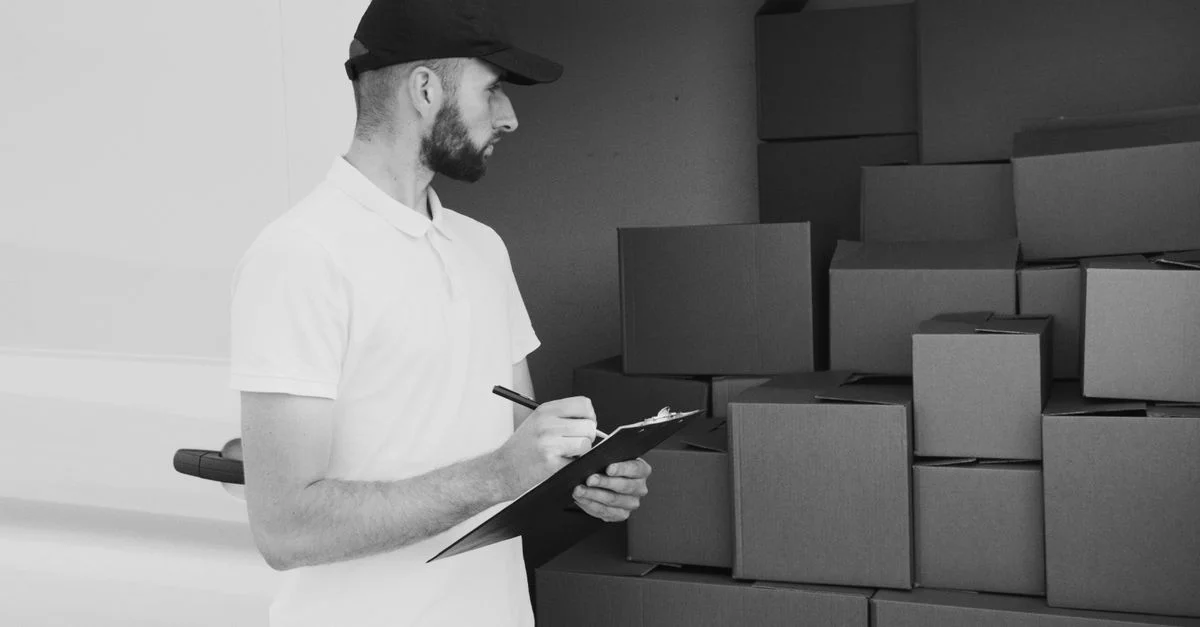Un livreur inspectant des cartons dans une camionnette, se préparant à l'expédition.