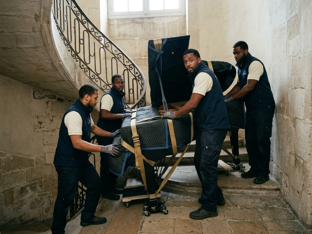 Déménageurs experts manœuvrant un piano à queue dans un escalier en colimaçon étroit et technique.