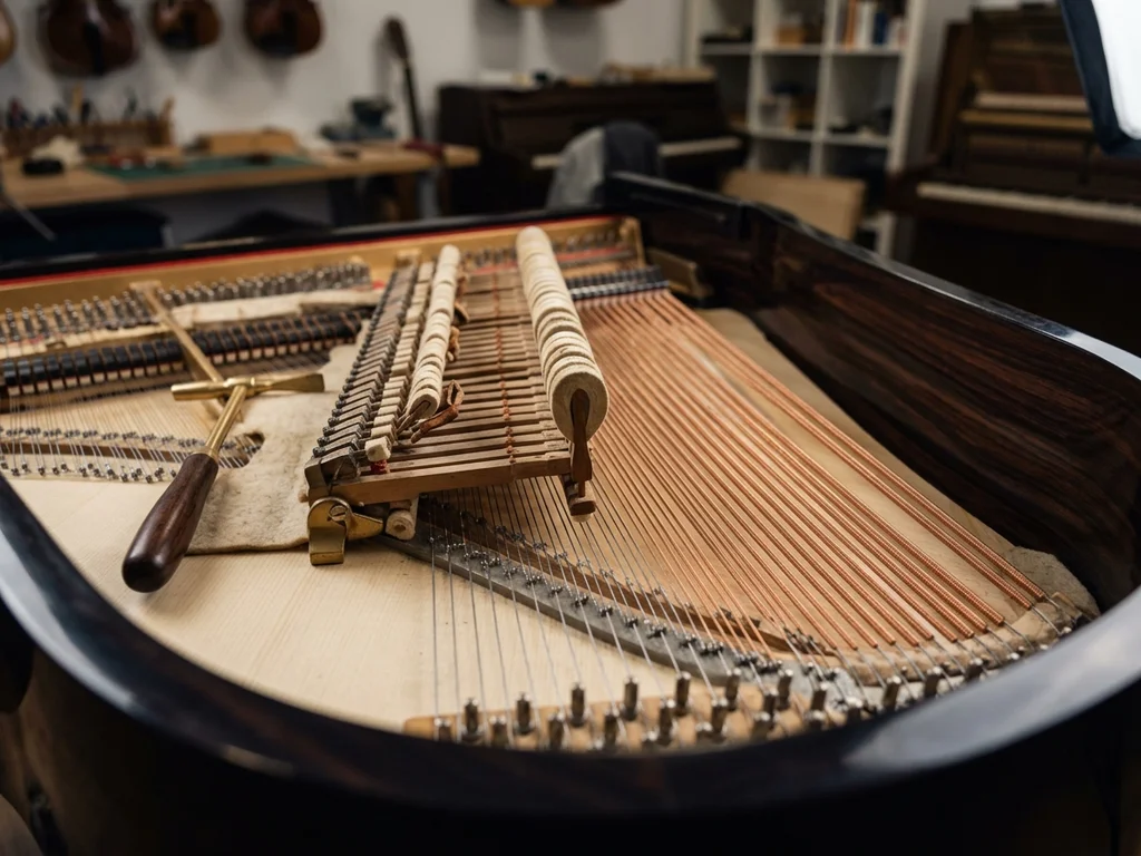 Mécanique interne d'un piano illustrant la précision technique nécessaire à sa manutention sécurisée.