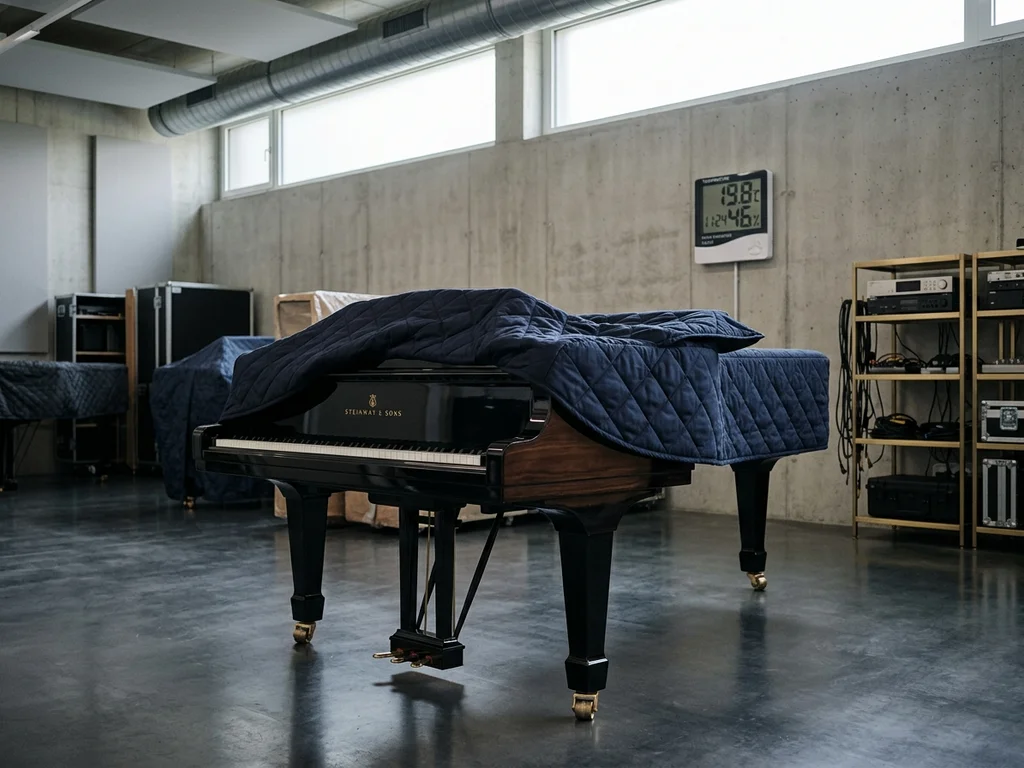 Piano sous housse en garde-meuble climatisé préservé de la chaleur et de la lumière directe.