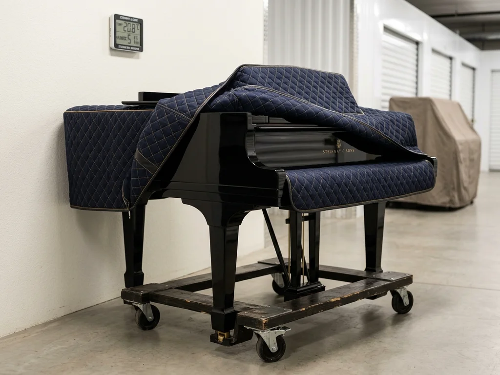 Piano à queue protégé dans un garde-meuble climatisé garantissant une conservation et une sécurité optimales.