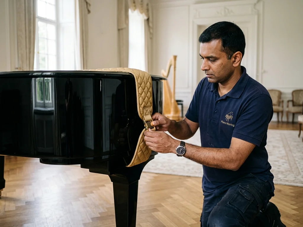 Technicien expert protégeant un piano à queue avec des sangles dorées pour un transport hautement sécurisé.