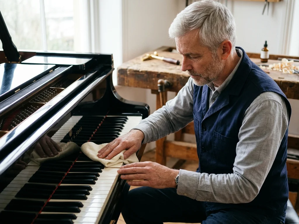 Technicien nettoyant les touches d'un piano pour un entretien mécanique annuel méticuleux et professionnel.