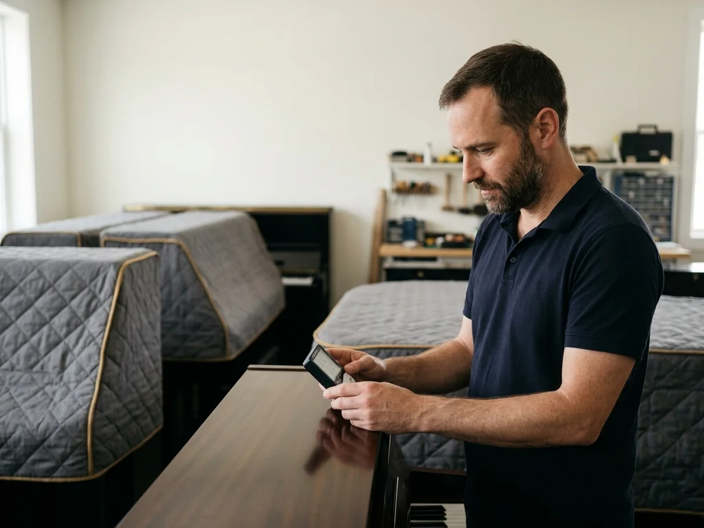 Un expert contrôle l'humidité pour garantir la protection valeur à neuf des pianos stockés.