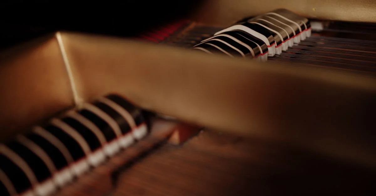 Vue détaillée des cordes et des marteaux de piano, mettant en valeur des mécanismes complexes.